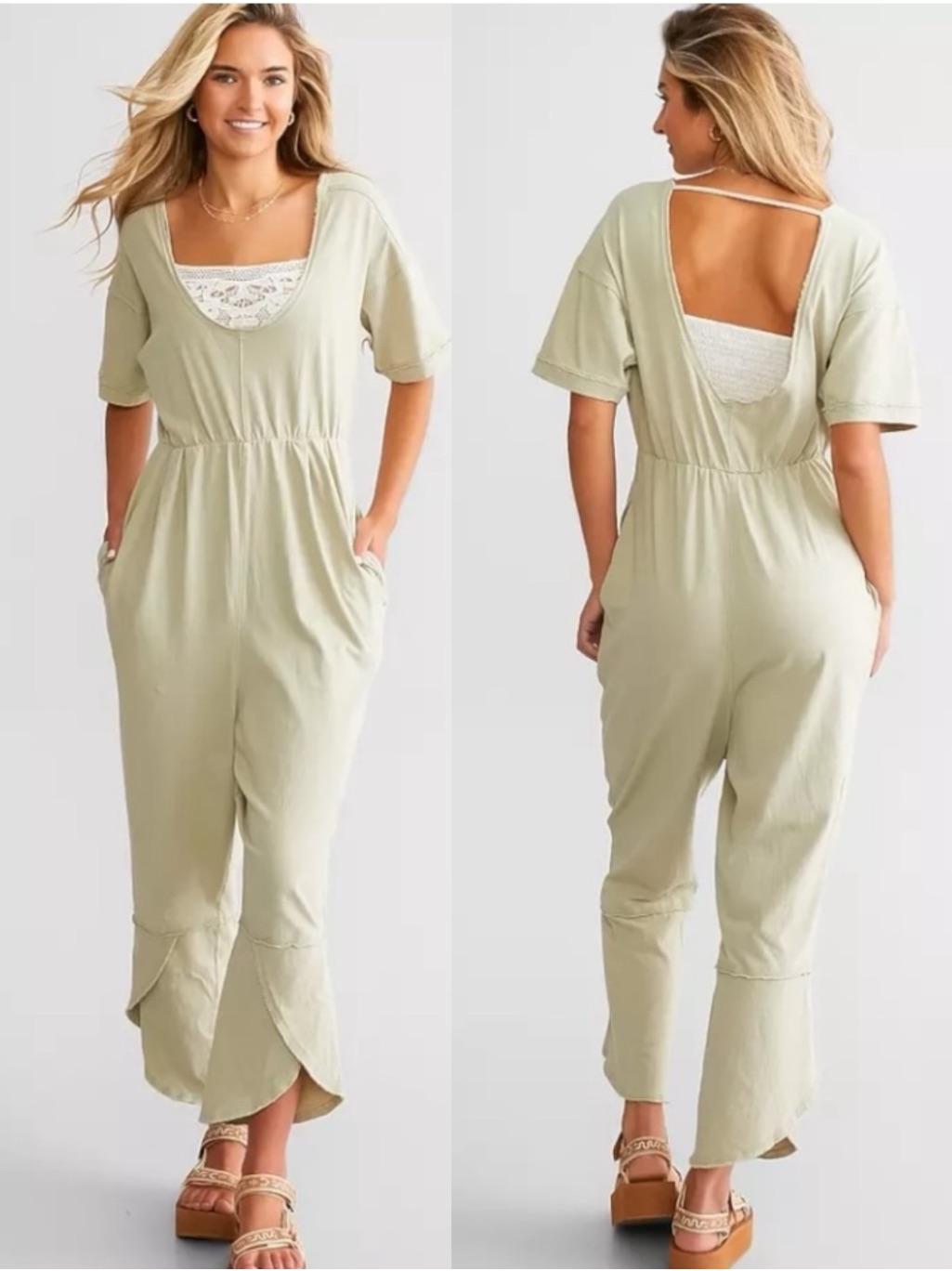 Free People Good Side Romper Jumpsuit Medium Nwot Sage Lime Bean M